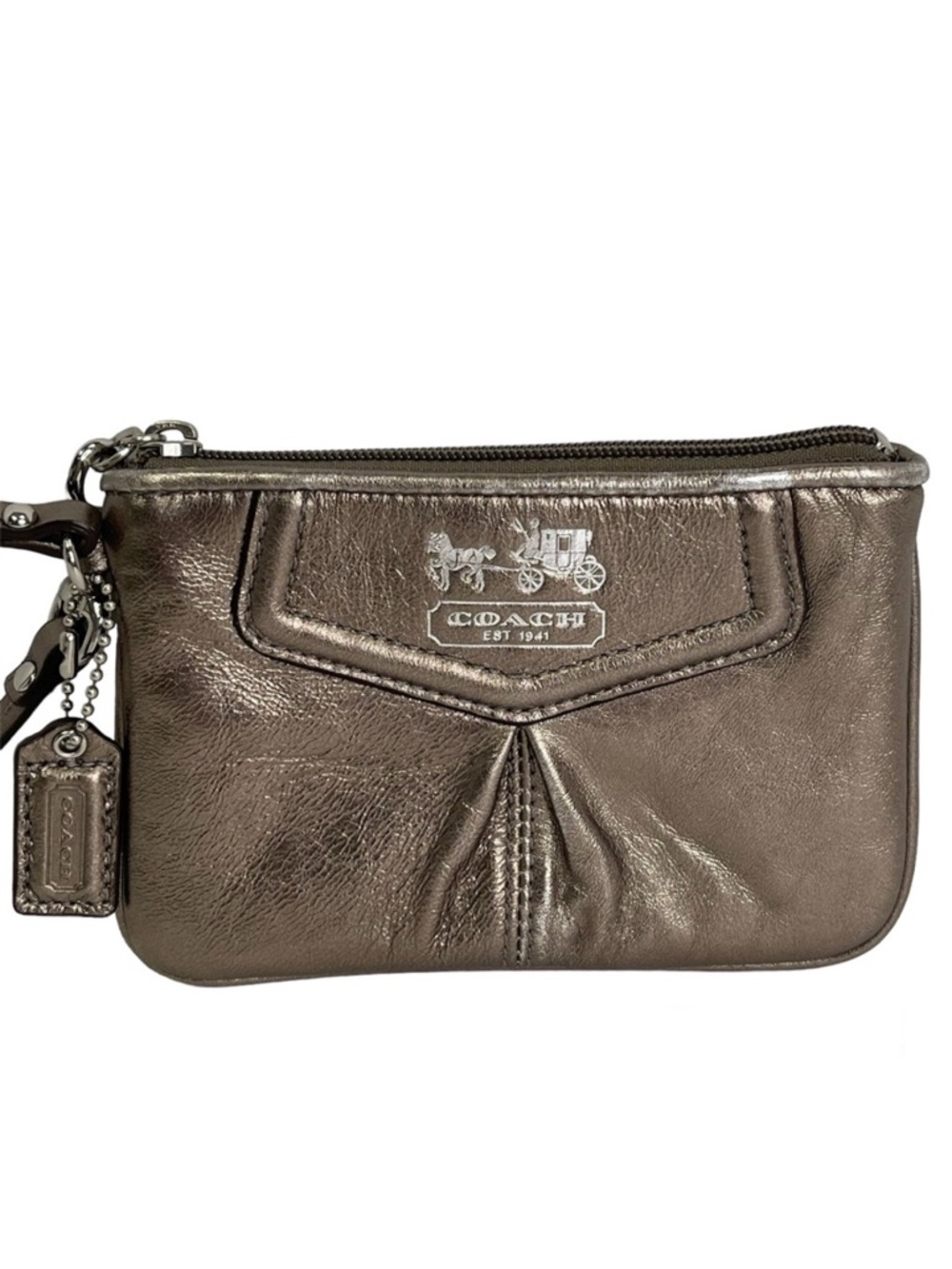 Vintage Coach Y2K Leather Wristlet Metallic Neutral Mini Minimalist Zip Like New